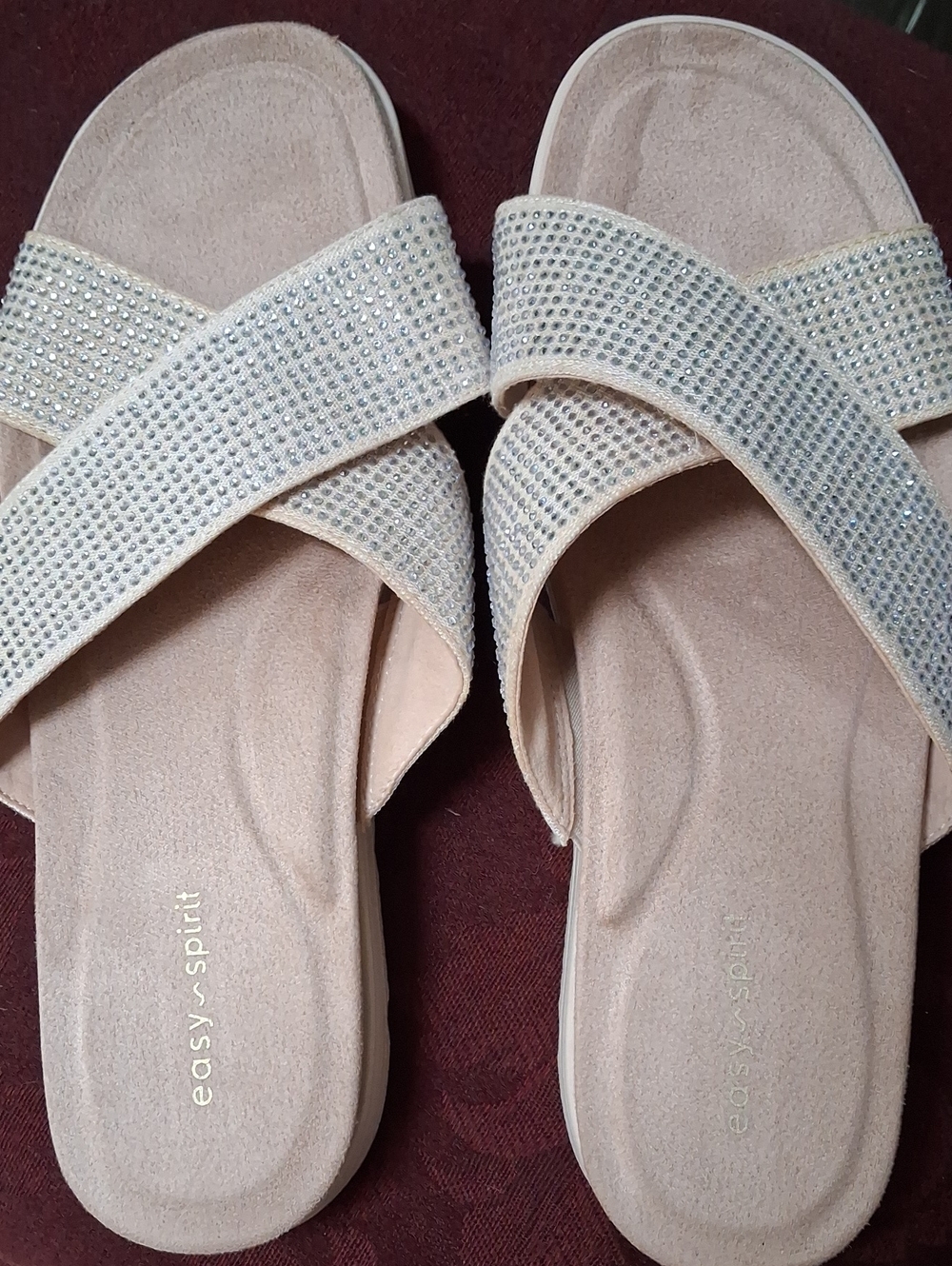 NEW! Easy Spirit Cream Crisscross Rhinestone Slide Sandals